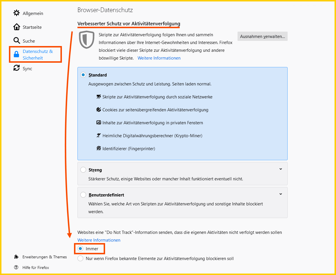 Firefox "Do Not Track" Einstellung