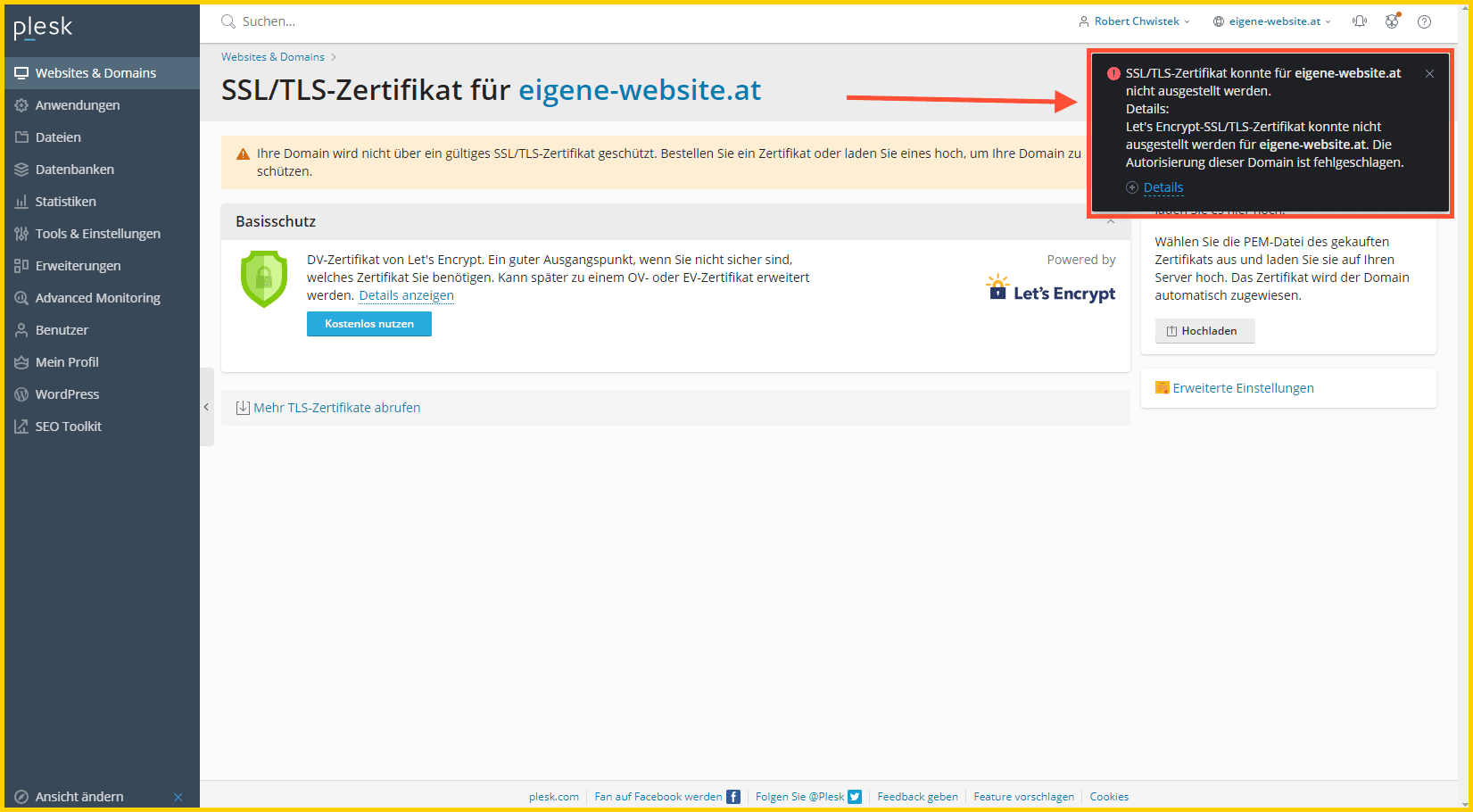 Fehler bei der Installation des SSL Zertifikats