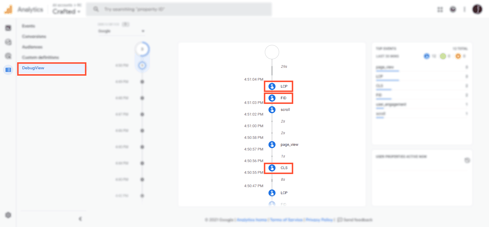 Debug View mit Core Web Vitals in Google Analytics 4