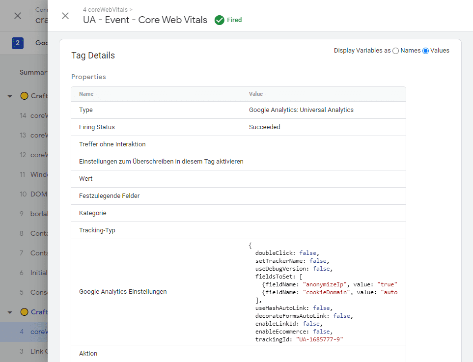 Details des Universal Analytics Tags