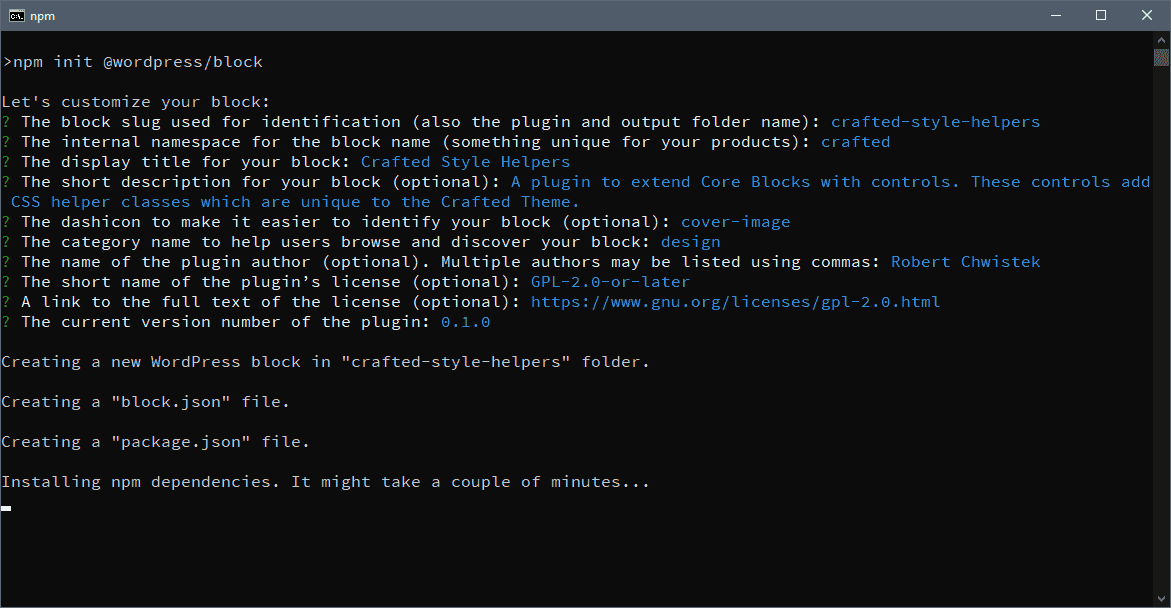 Gutenberg Block: Plugin Projekt installieren