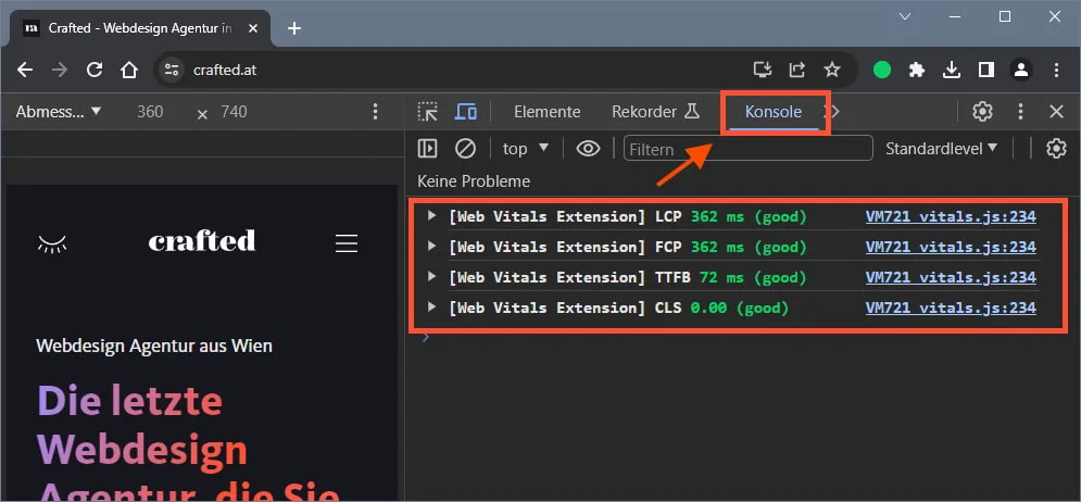 Web Vitals Browser Erweiterung: Daten in Entwicklerkonsole